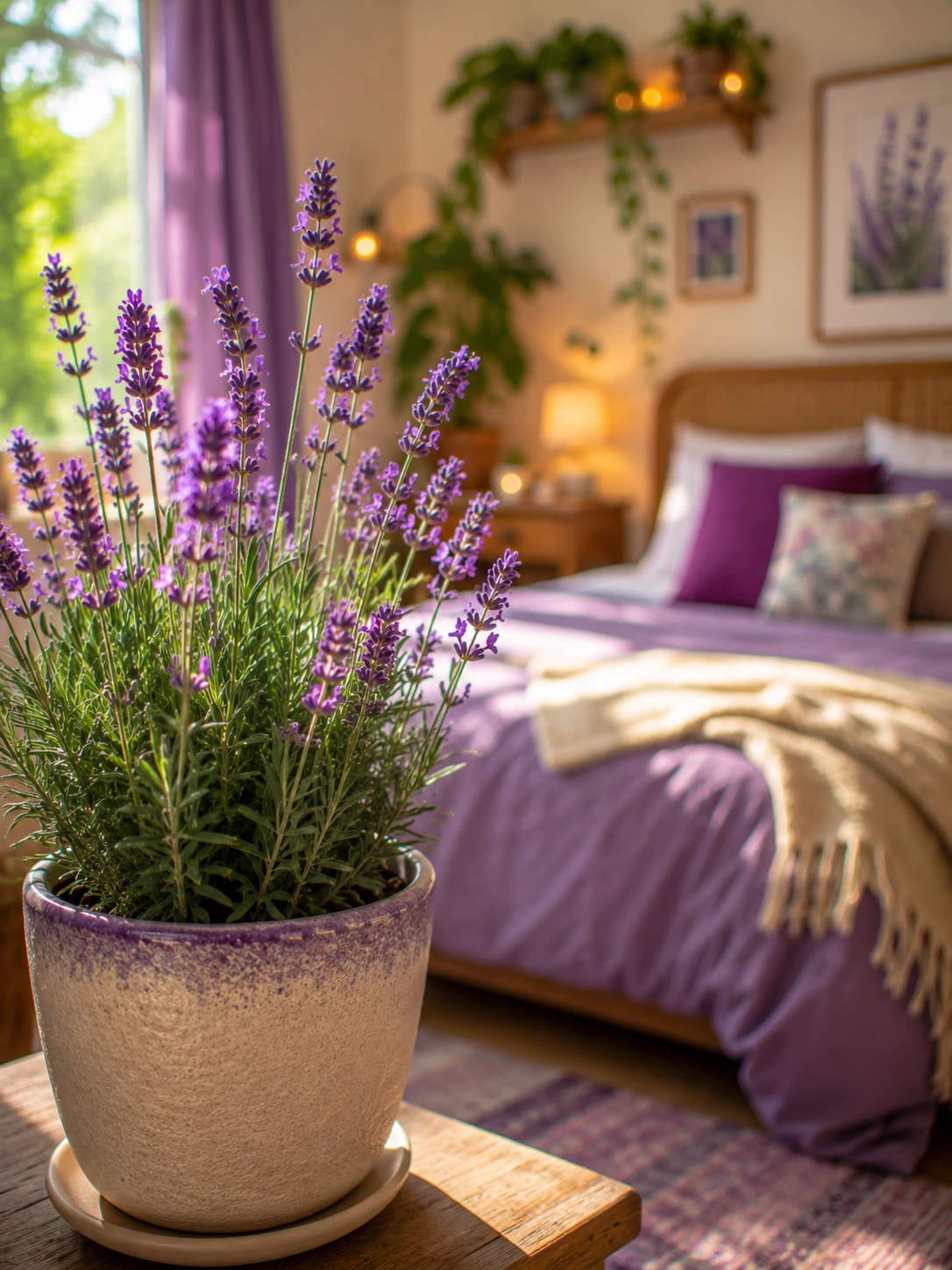 Lavendel begeistert mit seinem angenehmen Duft und bringt mediterranes Flair ins Schlafzimmer. (KI-generiert)