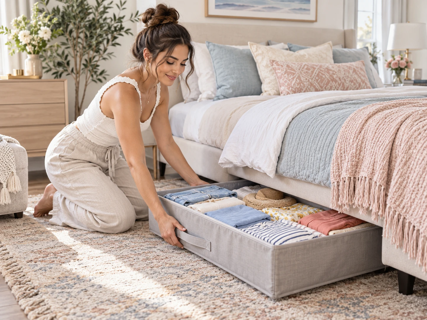 Unterbett-Aufbewahrung nutzt sonst ungenutzten Stauraum und eignet sich besonders für sauber gefaltete Sommerkleidung, die erst in einigen Monaten wieder gebraucht wird. (KI-generiert)