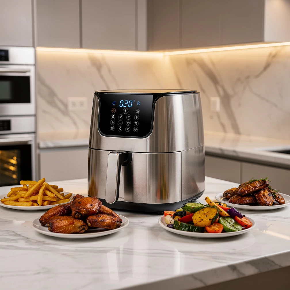 Ein Gerät, viele Möglichkeiten: Moderne Air Fryer zaubern knusprige Pommes, saftiges Fleisch und aromatisches Gemüse gleichzeitig. (KI-generiert)