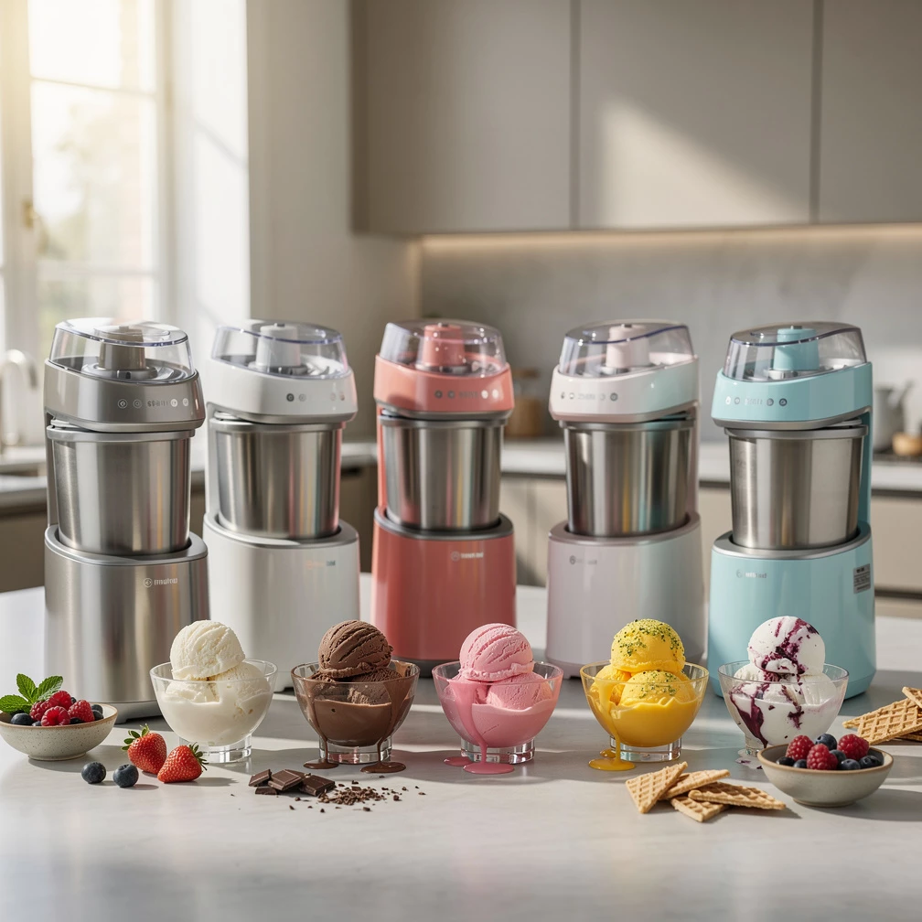 Moderne Eismaschinen zaubern cremiges Speiseeis, Sorbet oder Frozen Yogurt ganz bequem zu Hause. (© KI-generiert)