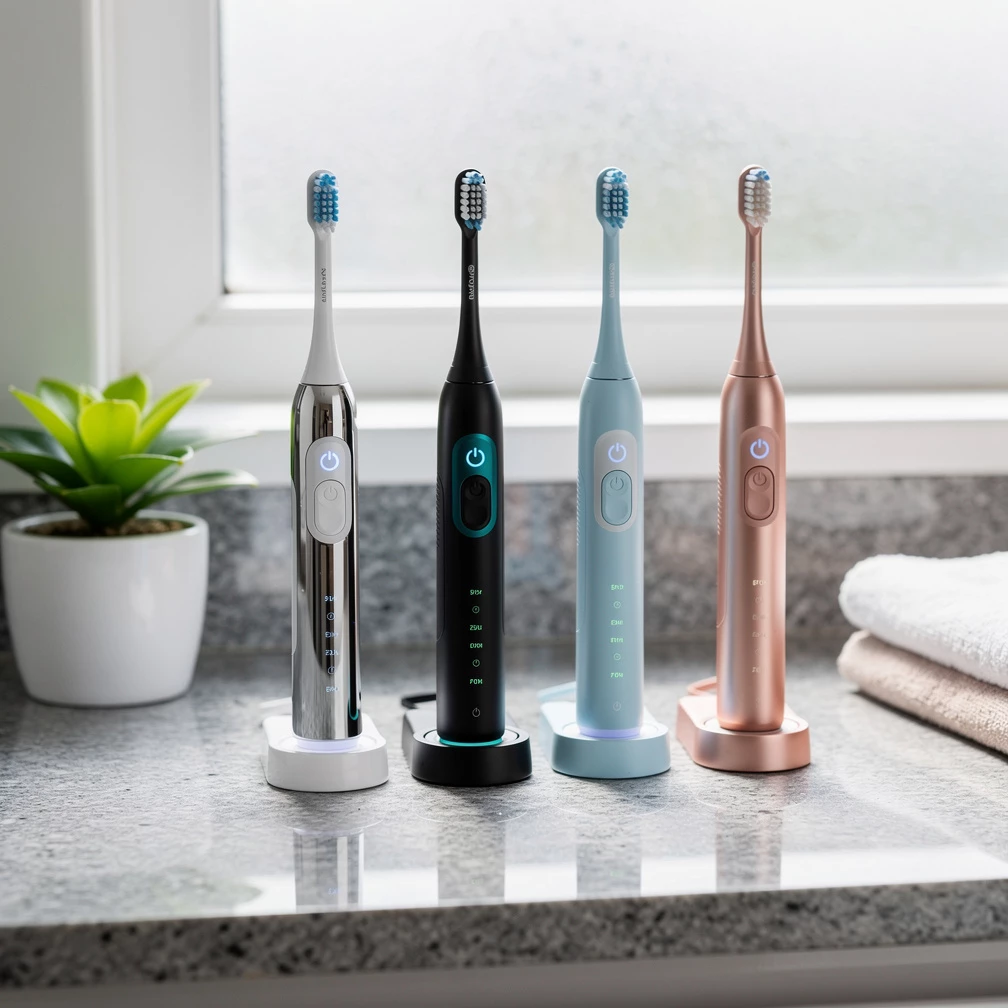Frische Morgenroutine mit elektrischer Zahnbürste: Moderne Zahnpflege kann helfen, Zähne und Zahnfleisch gründlich zu reinigen. (KI-generiert)