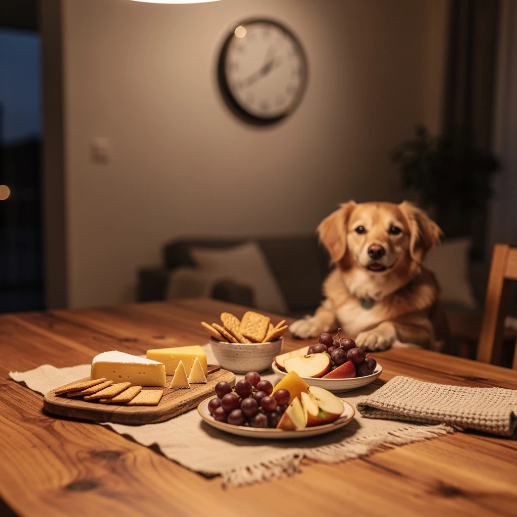 Leichter Abend-Snack: Käse, Cracker und Obst können eine bekömmliche Alternative zu schweren Mahlzeiten sein und den Körper vor dem Schlafengehen weniger belasten. (KI-generiert)