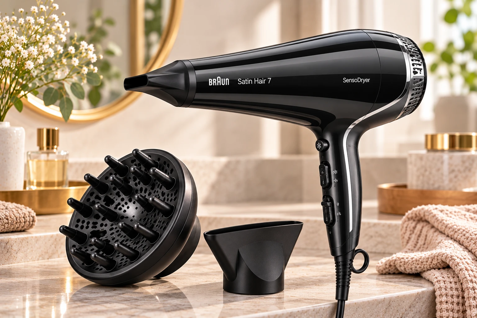 Beim Braun Satin Hair 7 SensoDryer HD785 steht die Temperaturkontrolle im Mittelpunkt – interessant für alle, die regelmäßig föhnen. (KI-generierte Produktillustration)