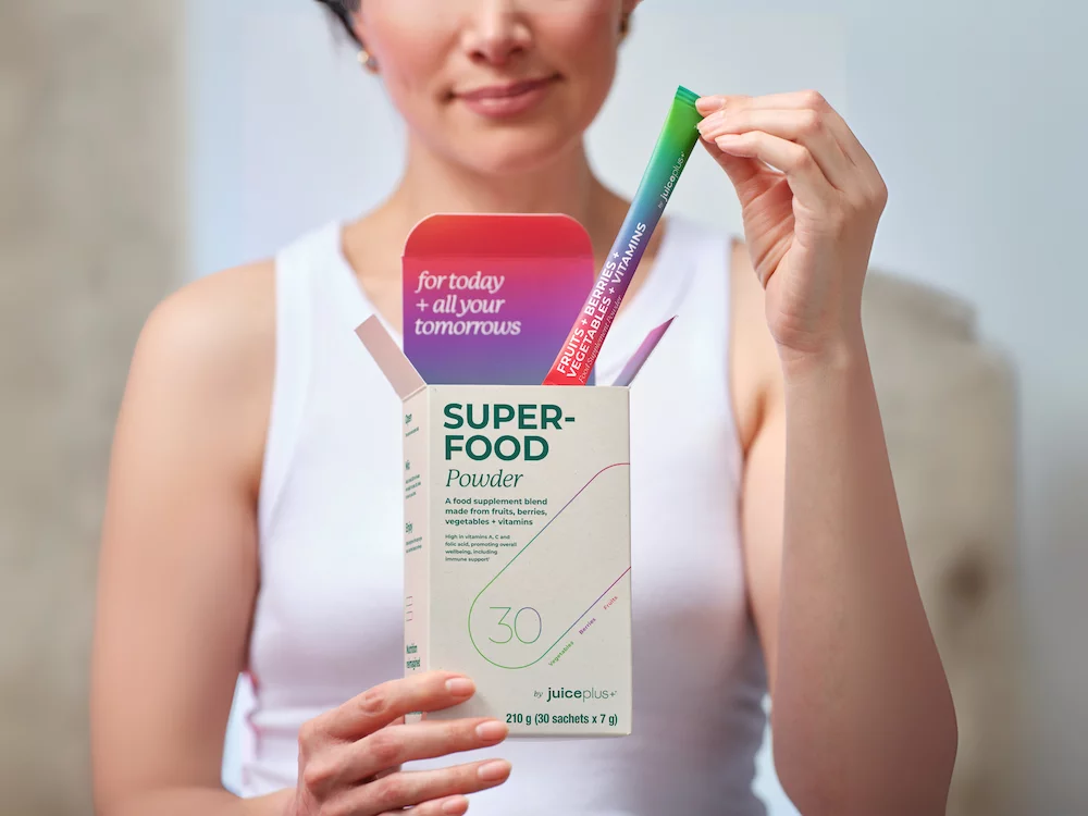 In jeder Portion stecken 30 verschiedene Obst-, Gemüse- und Beerensorten sowie pflanzenbasierte Vitamine und Phytonährstoffe. Foto: Juice Plus+