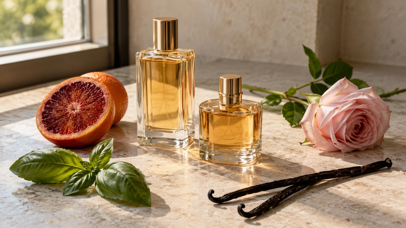 Frische Blutorange, blumige Rose und warme Vanille stehen für unterschiedliche Duftwelten, mit denen du experimentieren kannst. (KI-generiert)