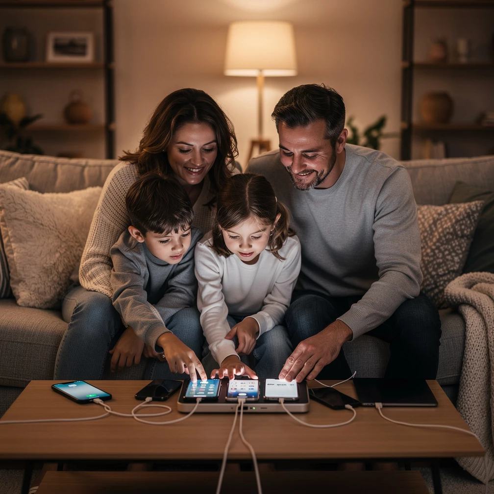 Ob Smartphones, Tablets oder Kopfhörer: Eine zentrale Ladestation hilft Familien dabei, mehrere Geräte gleichzeitig zu laden und den Überblick zu behalten. (KI-generiert)