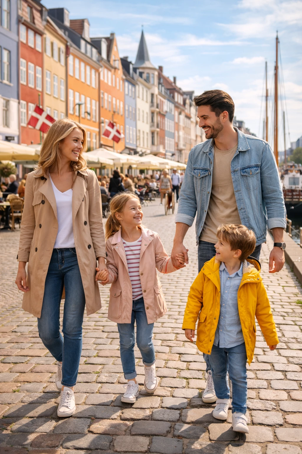 Frühlingsspaziergang durch Kopenhagen: Zwischen bunten Hafenhäusern und Cafés genießt die Familie das entspannte Stadtleben. (KI-generiert)