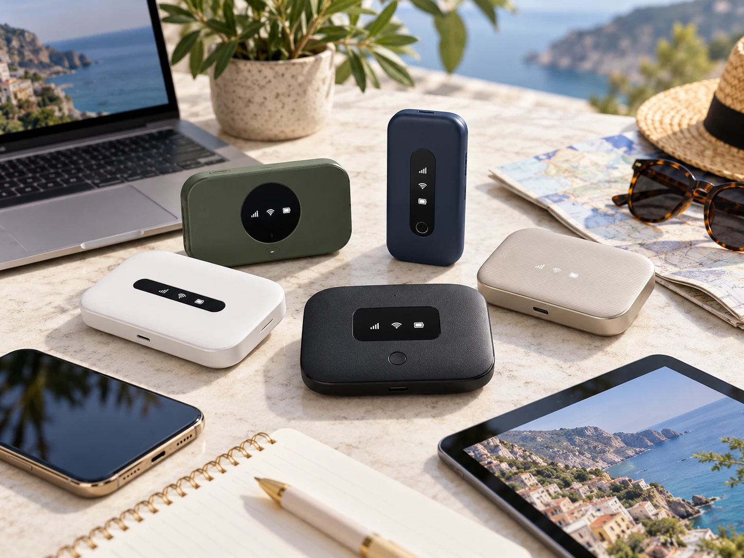 Mobile WLAN-Router gibt es in unterschiedlichen Größen und Ausstattungen – vom kompakten LTE-Hotspot bis zum leistungsstarken 5G-Modell. (KI-generiert)