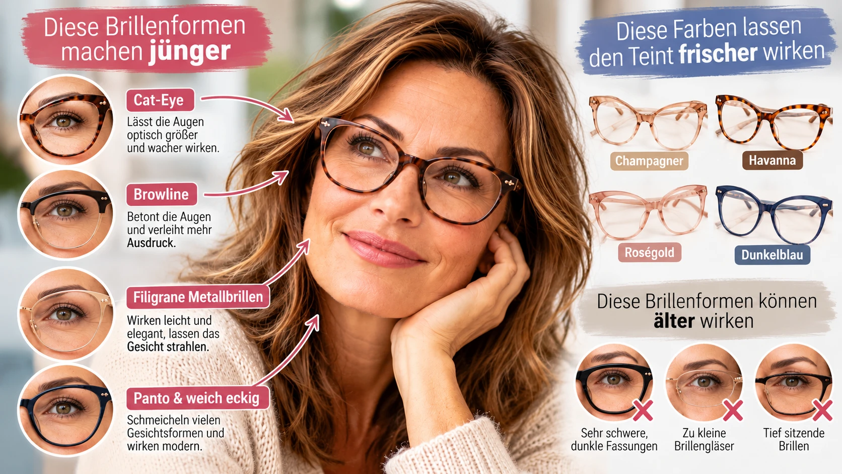 Cat-Eye, Browline oder filigrane Metallfassung? Diese Brillenformen können dem Gesicht schmeicheln – und kleine Styling-Fehler lassen sich leicht vermeiden. (KI-generiert)