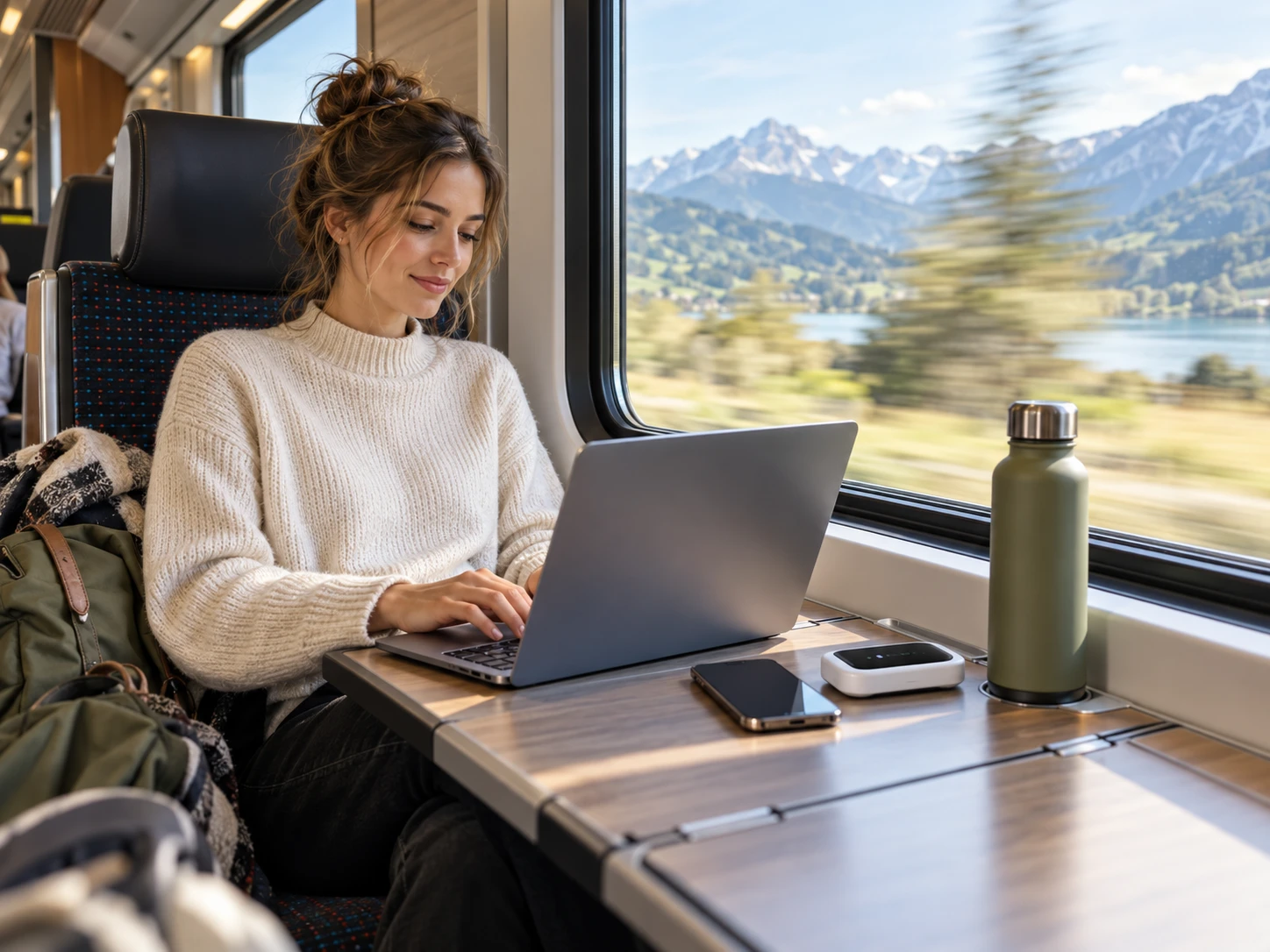WLAN im Zug: Ein mobiler Router kann Laptop und Smartphone auch auf längeren Reisen mit Internet versorgen. (KI-generiert)