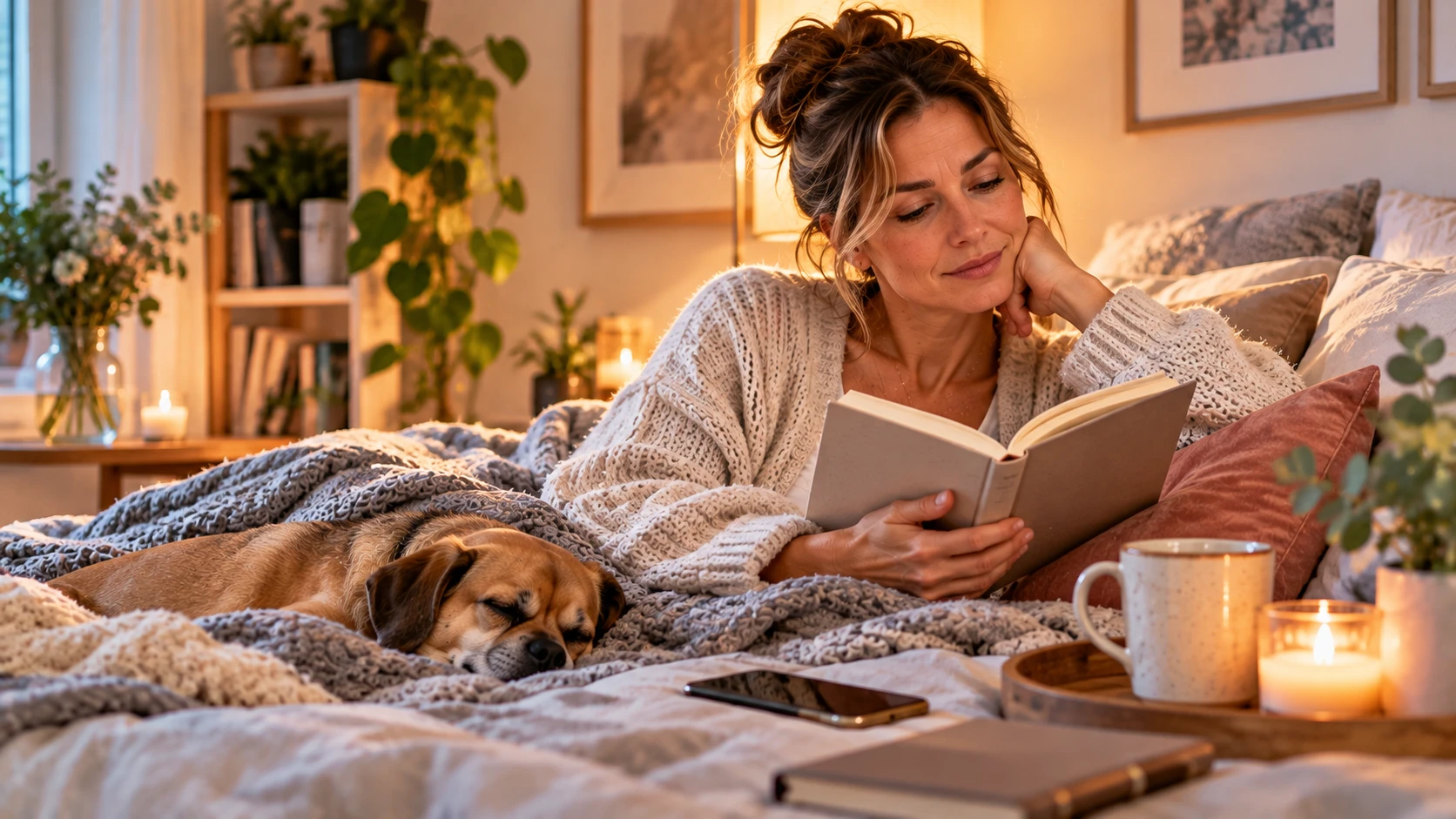 Zeit für sich selbst finden Ein gutes Buch, eine ruhige Umgebung und Zeit ohne To-do-Liste: Kleine Auszeiten können helfen, wieder bei dir selbst anzukommen. (KI-generiert)