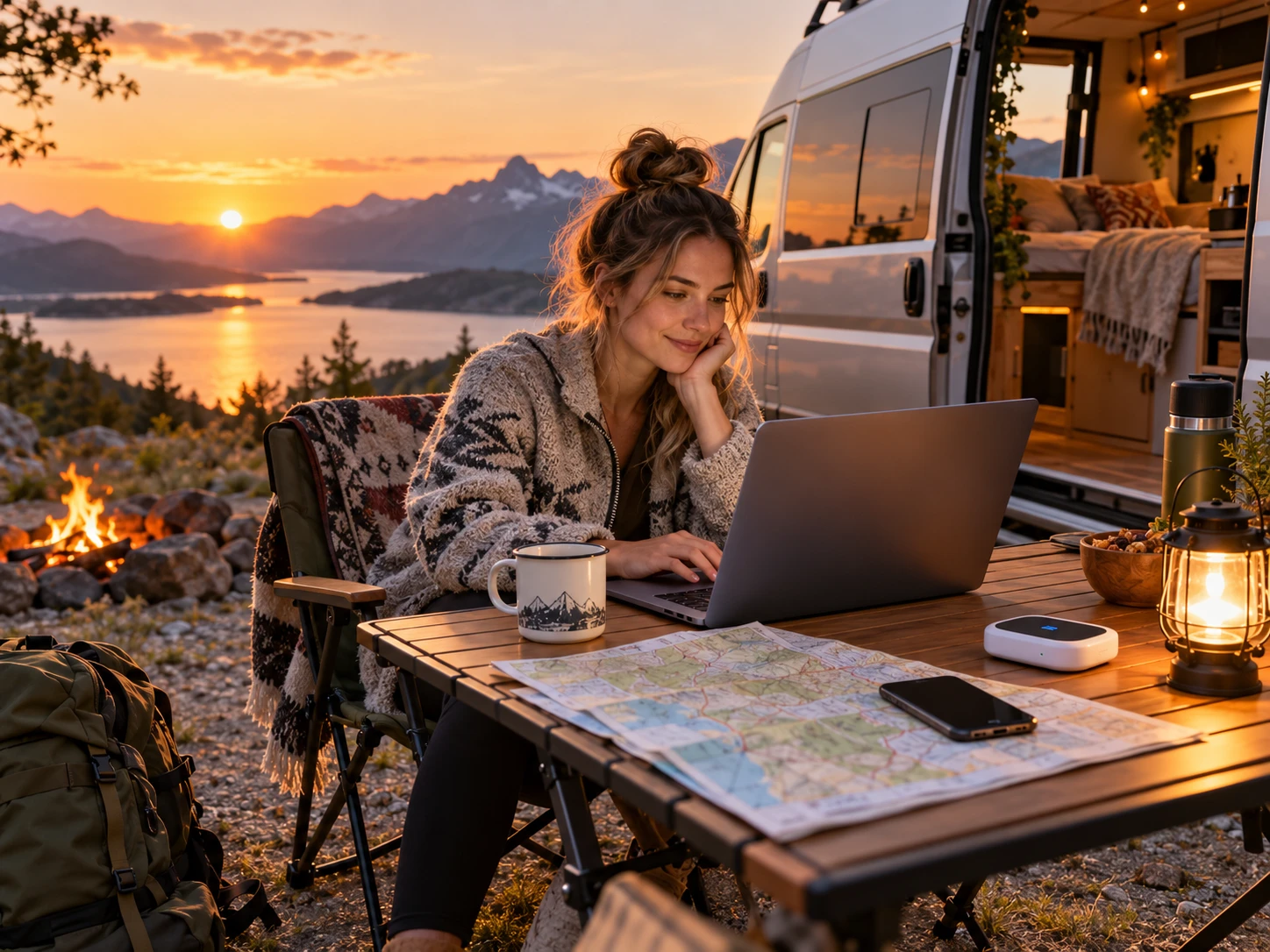 Auch beim Camping oder Roadtrip ermöglicht ein mobiler WLAN-Router eine flexible Internetverbindung fernab des heimischen WLANs. (KI-generiert)