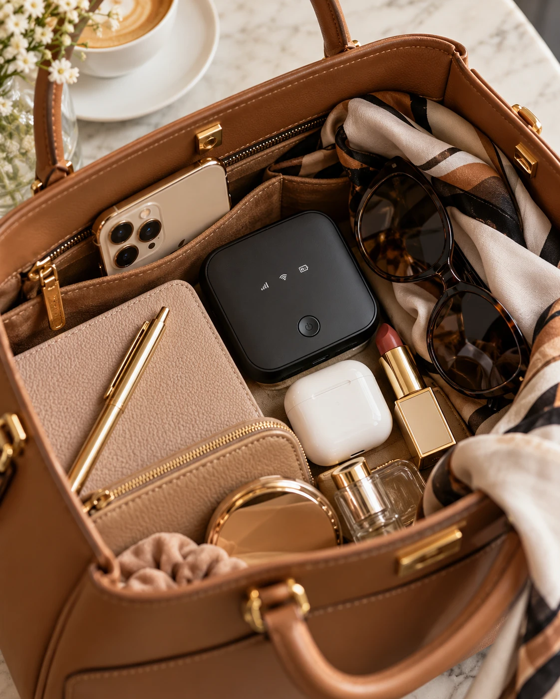 Kompakt genug für die Handtasche: Ein mobiler WLAN-Router begleitet dich unkompliziert auf Reisen und im Alltag. (KI-generiert)