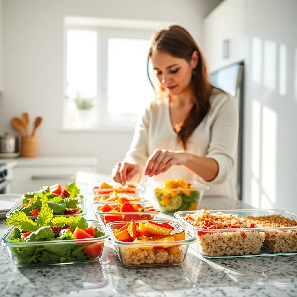 Frau beim Meal Prep portioniert bunte Gerichte in Glasboxen