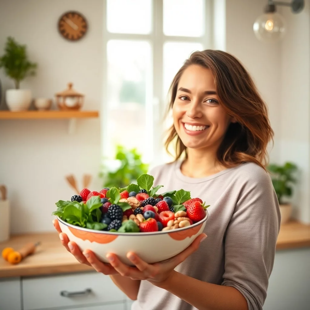 Frau mit farbenfroher Schüssel in heller Küche
