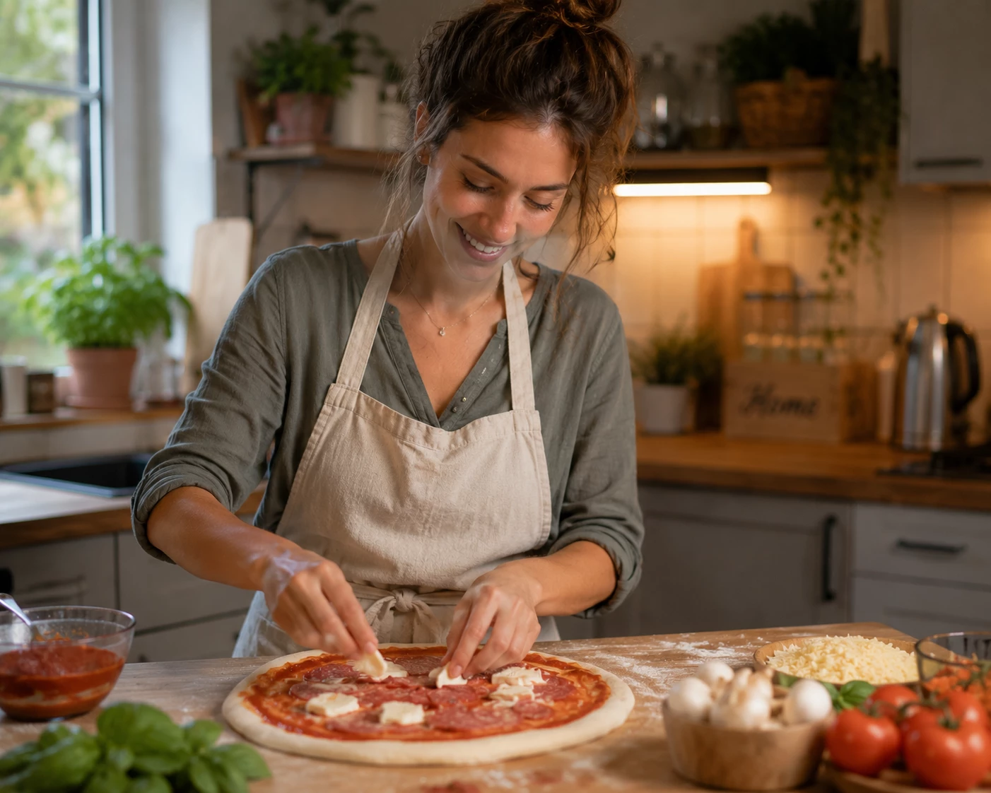 Mit frischen Zutaten und etwas Zeit wird Pizza machen schnell zum gemütlichen Abendritual zuhause (KI-generiert)