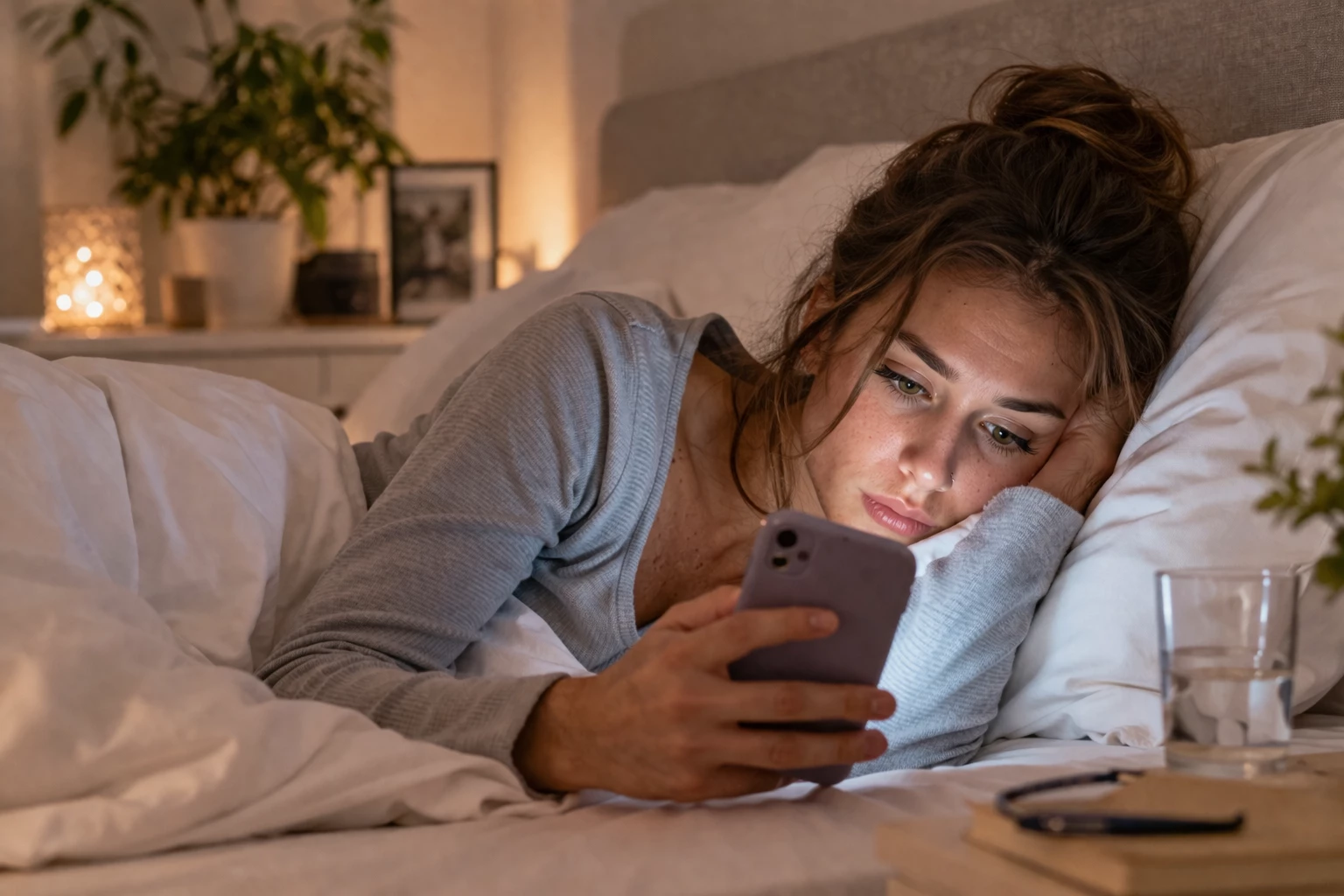 Nächtliches Handy-Scrollen statt Schlaf – das kann sich auch auf das Gewicht trainieren (KI-generiert)