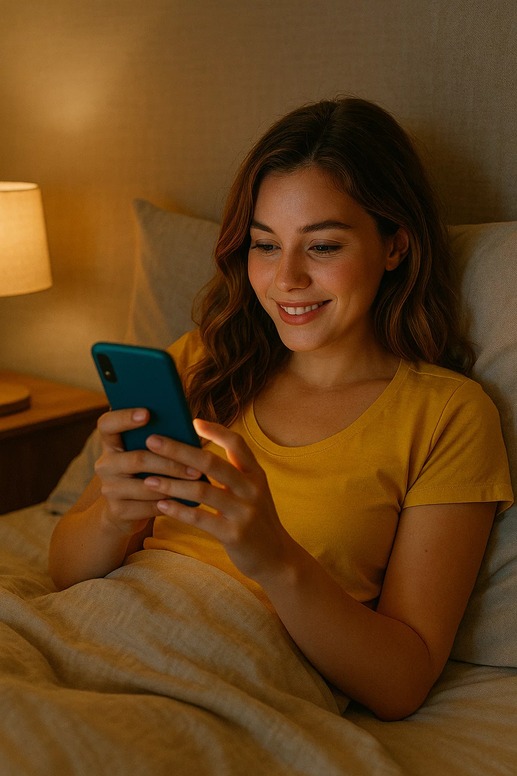 Frau nutzt ihr Smartphone im Bett vor dem Einschlafen – blaues Licht und Notifications beeinflussen Einschlafphase negativ.
