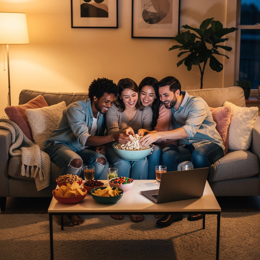 Valentinstag mit den besten Freunden: Snacks, Serien und jede Menge gute Laune statt Candlelight-Dinner. (KI-generiertes Bild)