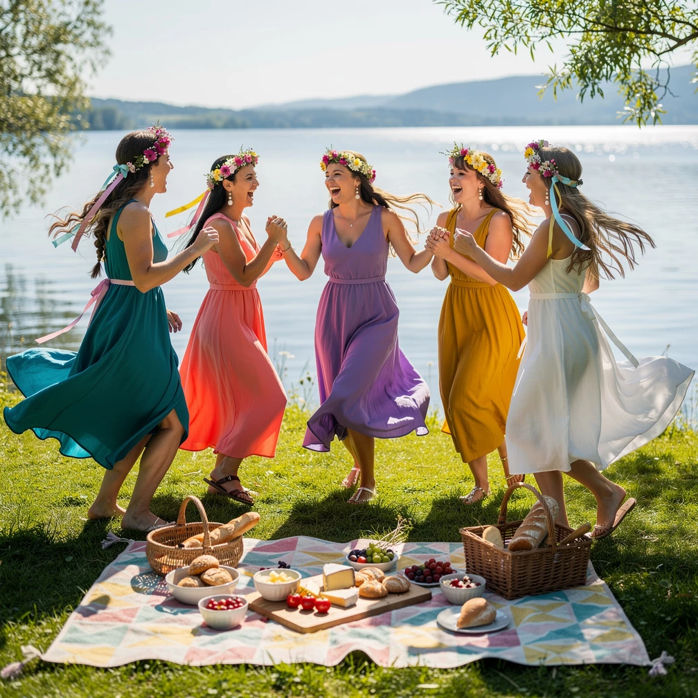 Freundinnen tanzen barfuß am Seeufer – ein JGA voller Leichtigkeit, Natur und echter Glücksmomente. (KI-generiert)