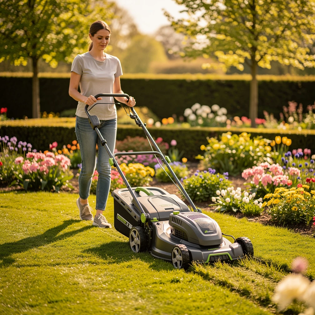 Frühlingstag im modernen Garten mit Rasenmäher
