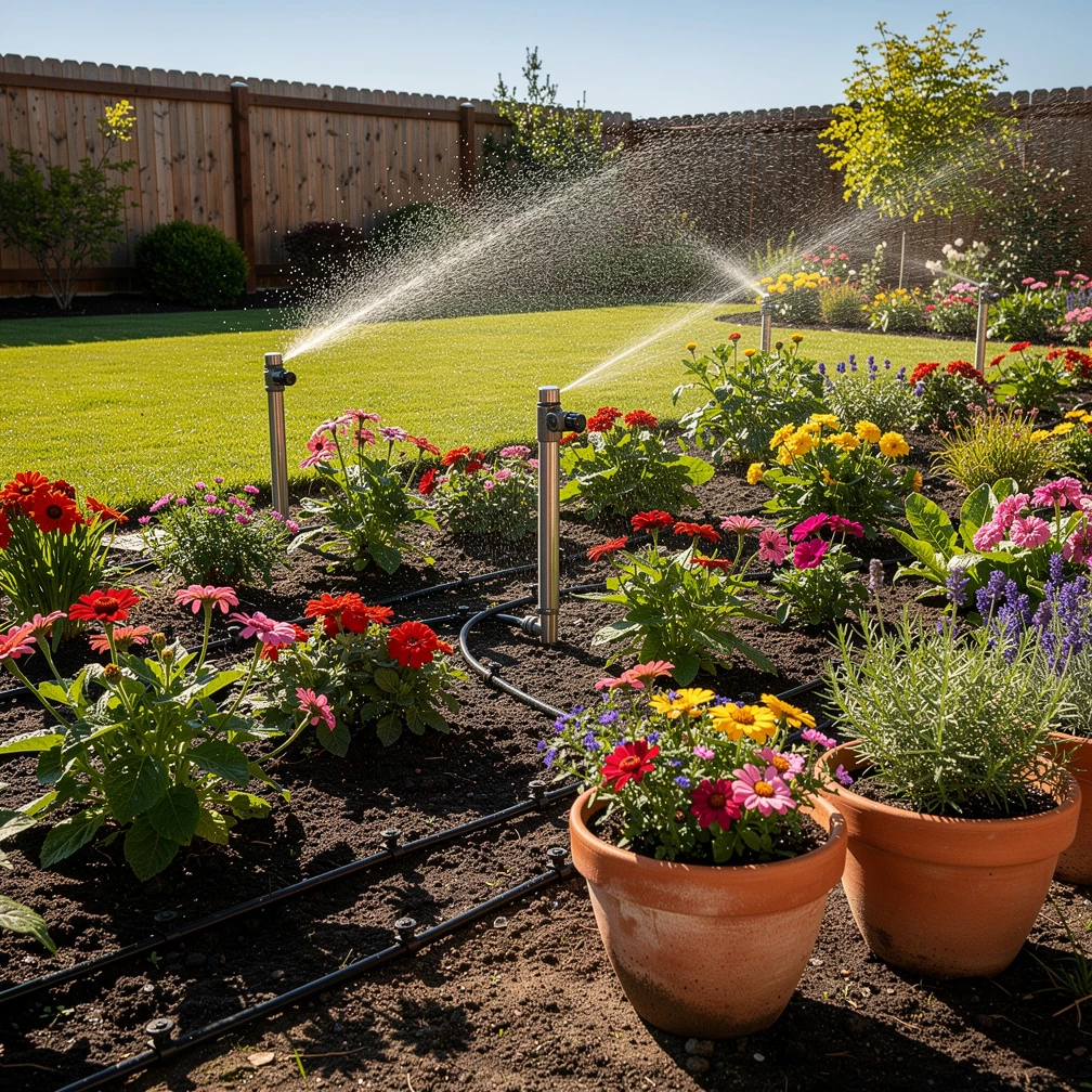 Eine automatische Gartenbewässerung hält Blumen und Beete auch während des Urlaubs zuverlässig frisch – ganz ohne tägliches Gießen. (KI-generiert)
