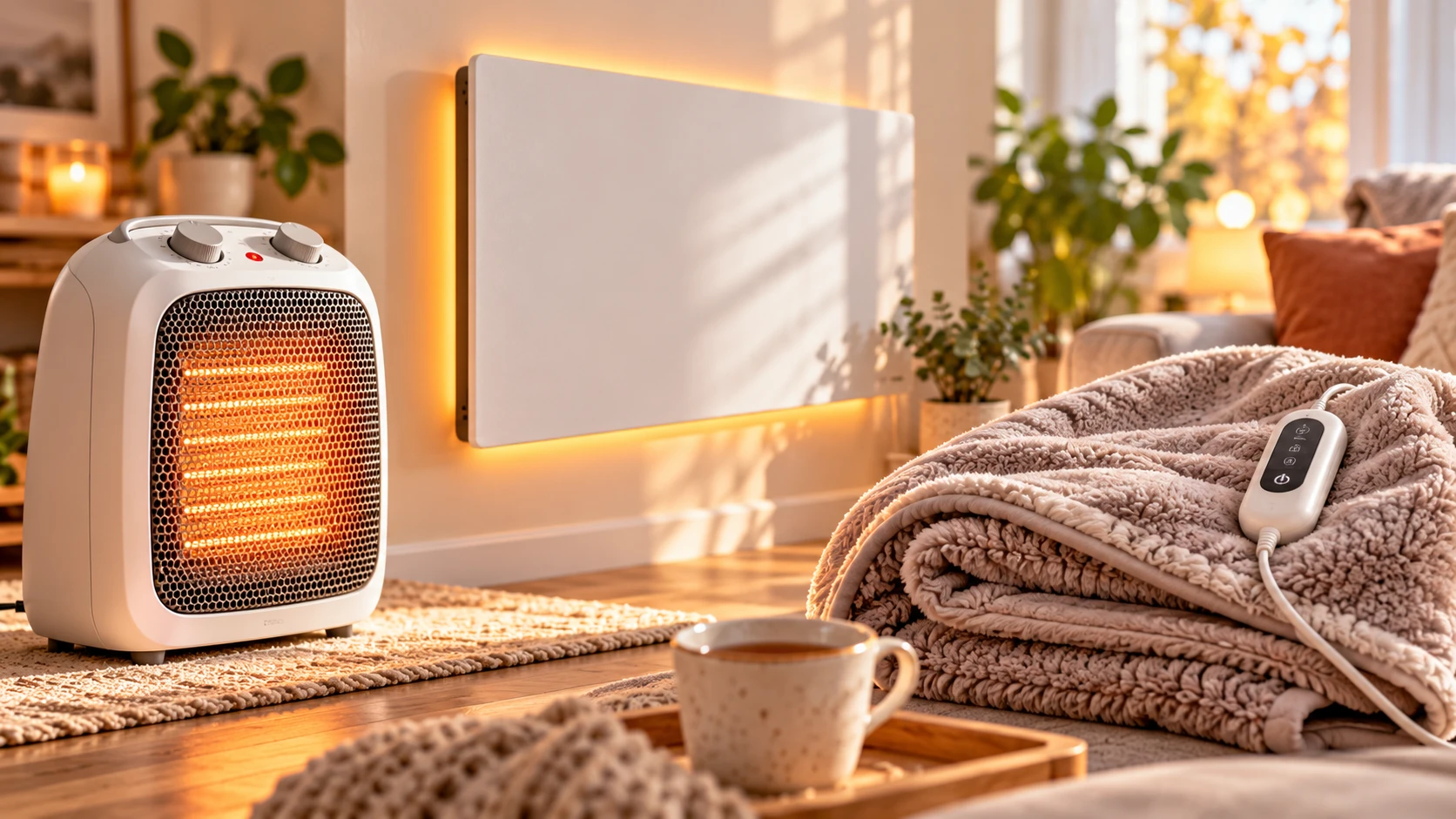 Drei Möglichkeiten, sich im Winter warm zu halten – doch bei den Stromkosten gibt es deutliche Unterschiede. (KI-generiert)