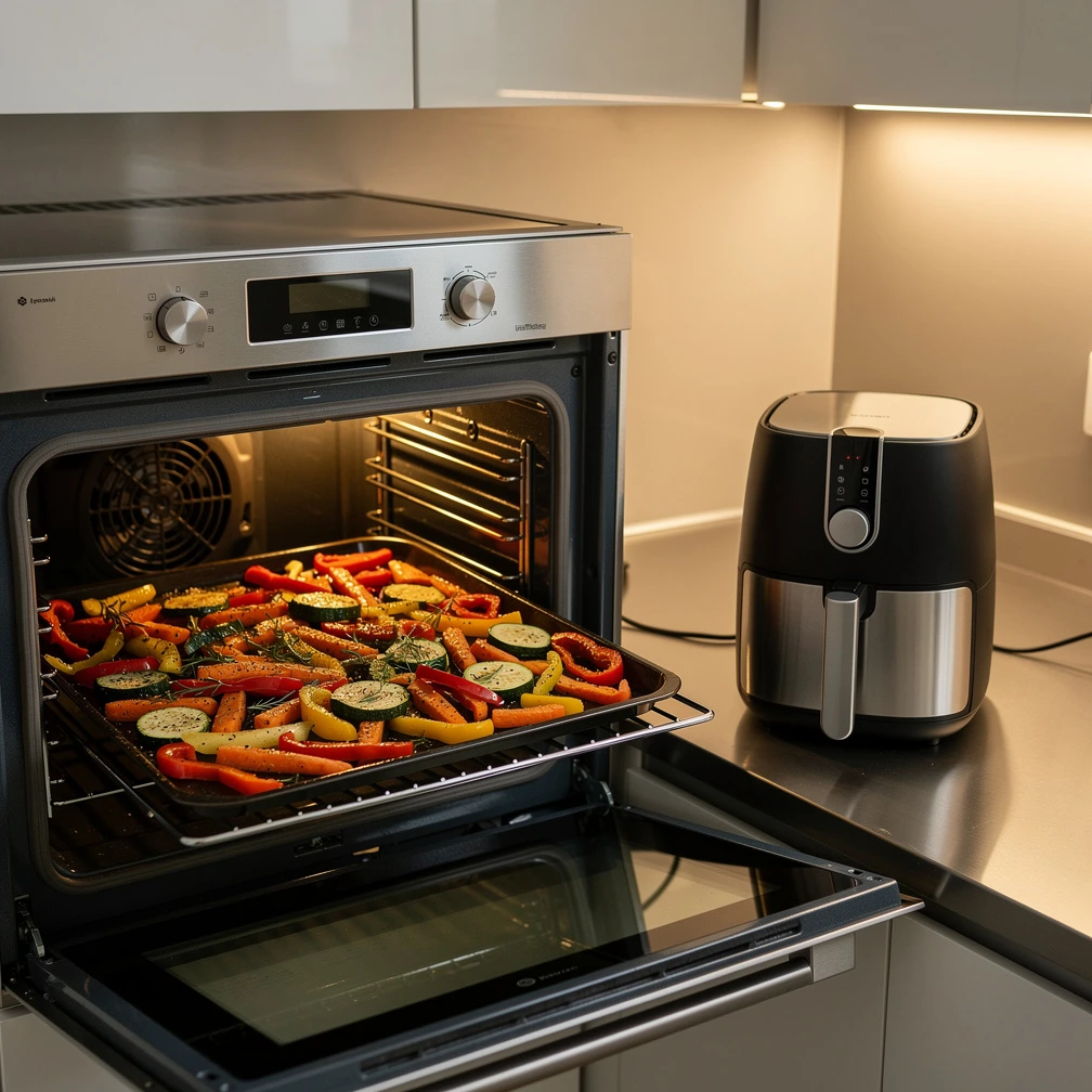 Der Backofen bietet deutlich mehr Platz – ein Vorteil, wenn Gemüse, Beilagen oder größere Mengen gleichzeitig zubereitet werden sollen. (KI-generiert)