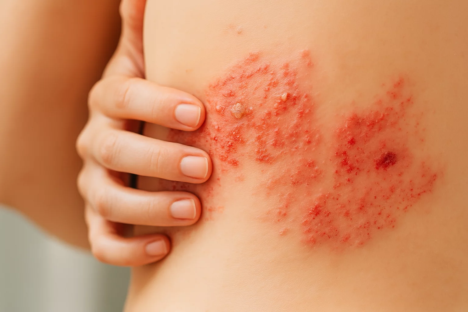 Typischer Ausschlag mit schmerzender Bläschenbildung am Körper bei Gürtelrose.