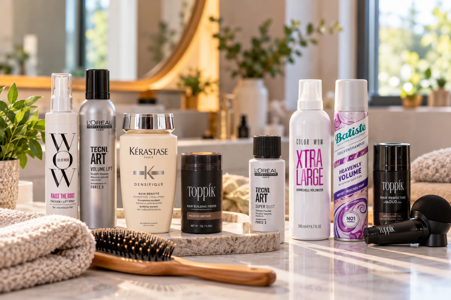 Volumensprays, Schaumfestiger und Haarpuder können feines Haar optisch voller wirken lassen. (KI-generiert)