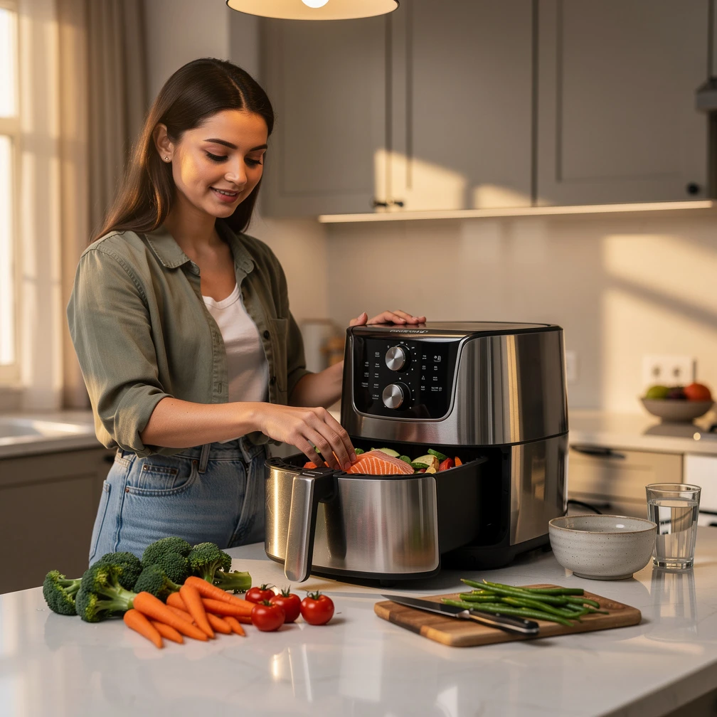 Für kleinere Mahlzeiten ist der Airfryer besonders praktisch: Zutaten hinein, Garzeit einstellen und ohne großen Aufwand loslegen. (KI-generiert)