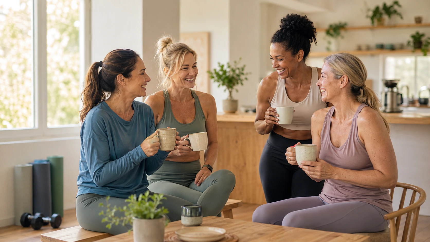 Kaffeeklatsch beim Fitness - Bild KI generiert.webp