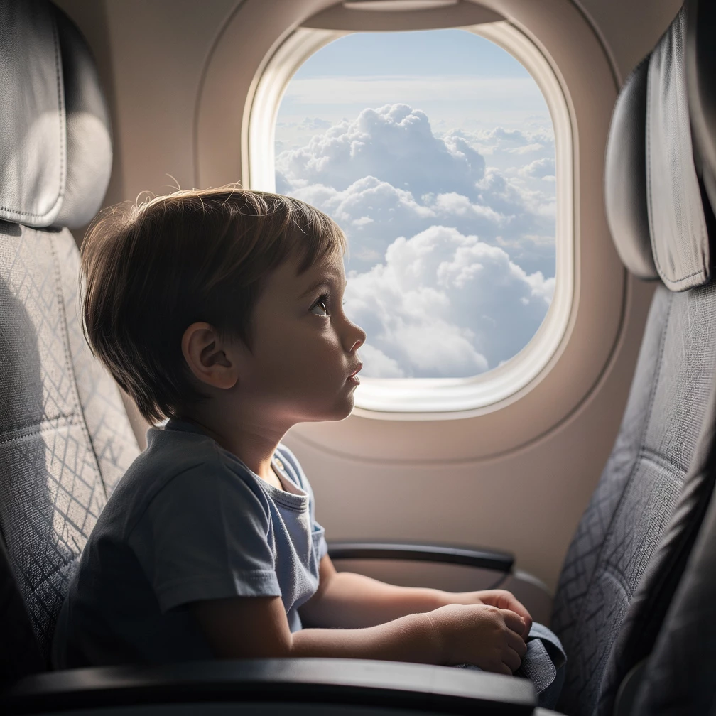 Der Blick aus dem Fenster begeistert viele Kinder und macht den Flug zu einem besonderen Erlebnis. (KI-generiert)