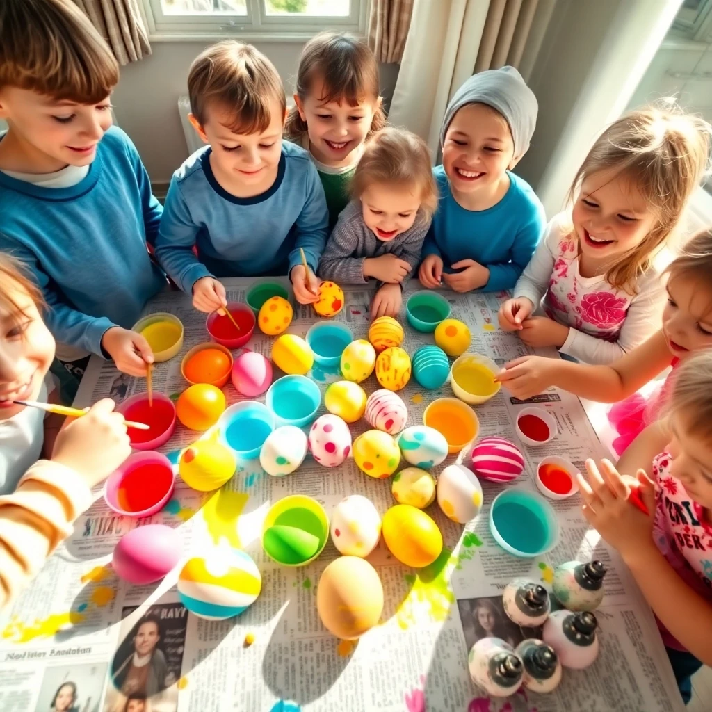 kinder beim ostereier bemahlen 