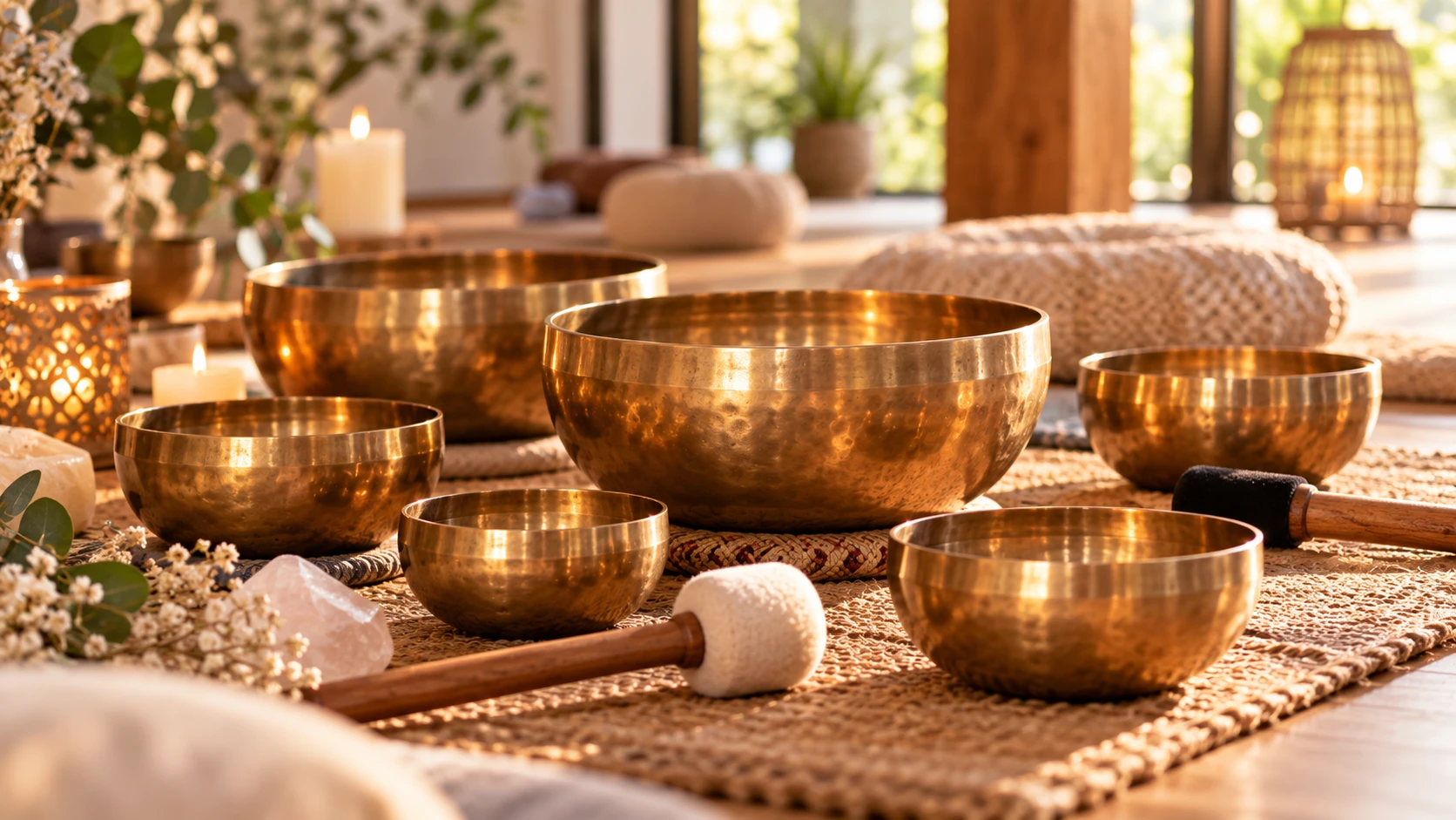 Klangschalen für das Sound bath (Bild KI generiert) .webp