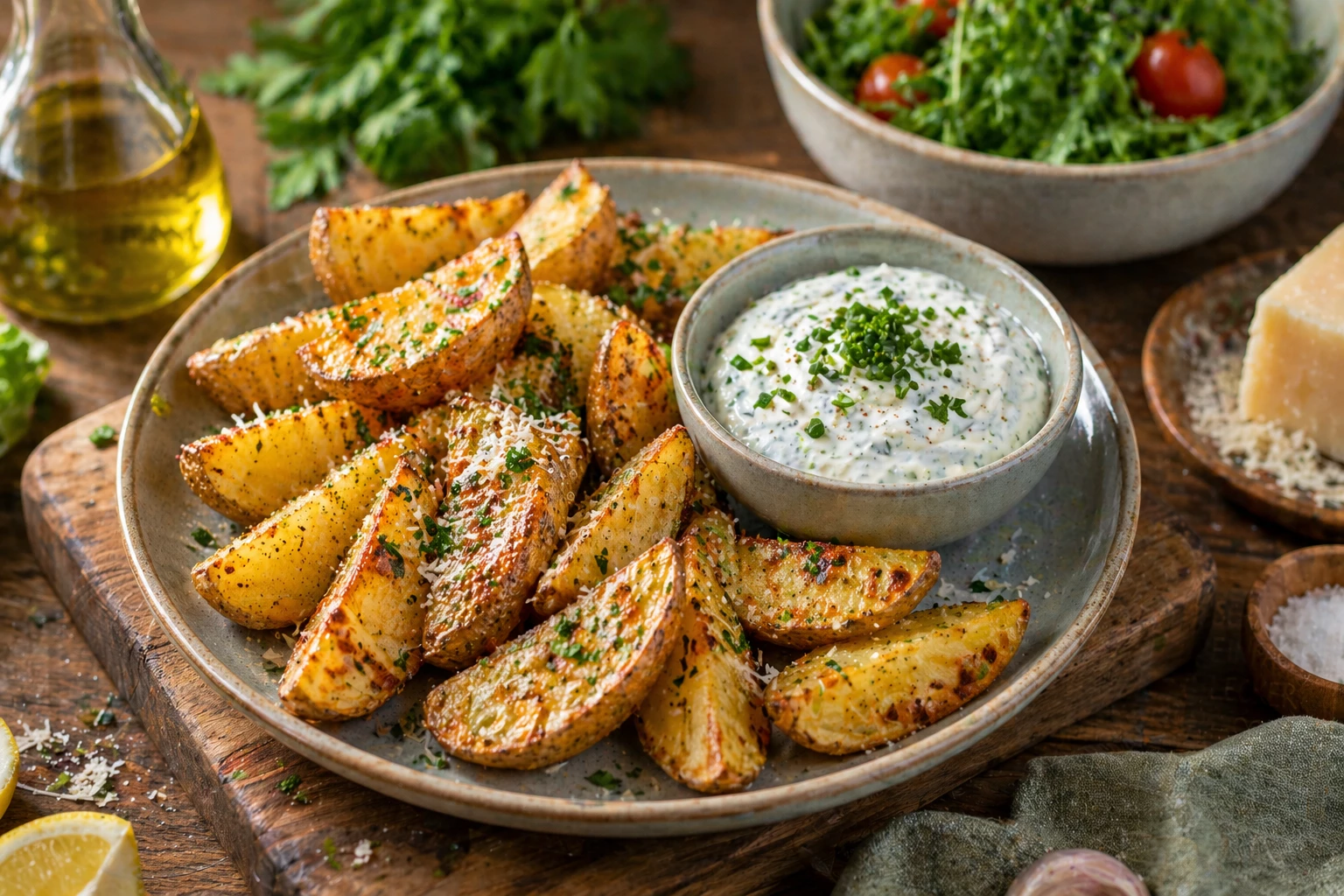 Goldbraun gebacken und würzig verfeinert – diese Parmesan-Kartoffeln sind echtes Comfort Food aus dem Air Fryer. (KI-generiert)