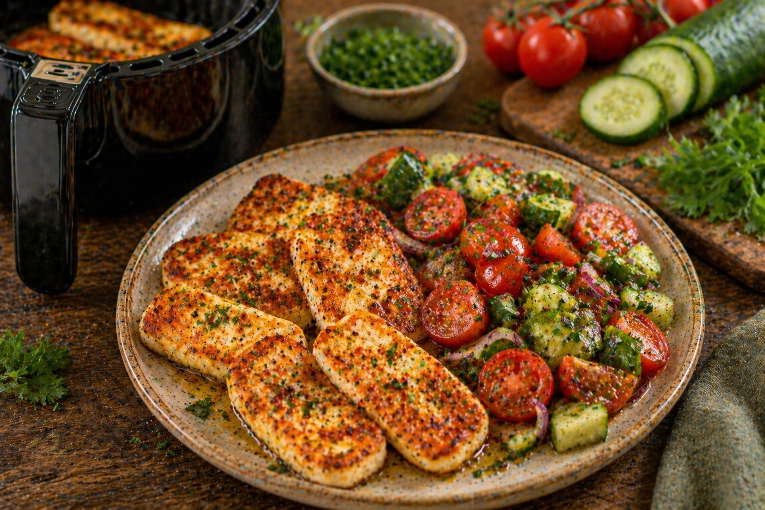 Außen goldbraun, innen weich – Halloumi trifft auf frischen Salat. (KI-generiert)