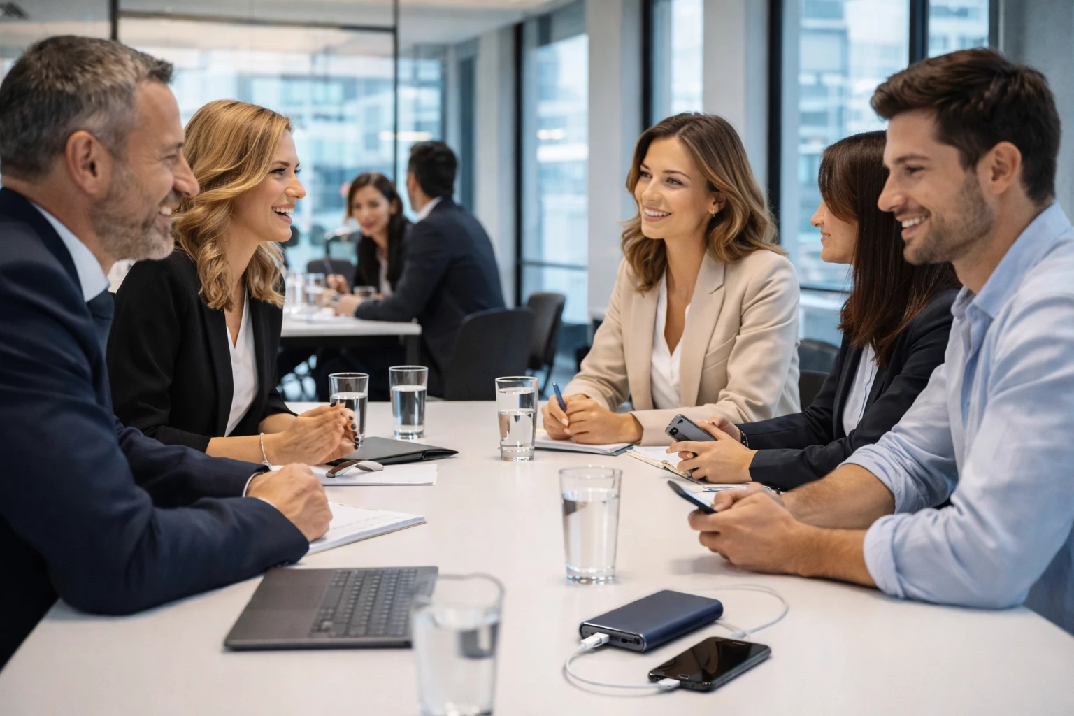 Business-Meeting: Auch im Arbeitsalltag sorgt eine Powerbank für mobile Sicherheit. (KI-generiertes Bild)