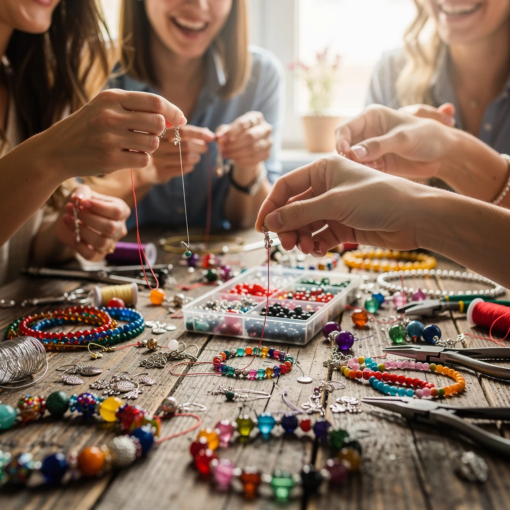 Beim gemeinsamen Schmuckbasteln entstehen persönliche Erinnerungsstücke – kreativ, verbunden und perfekt für einen entspannten JGA. (KI-generiert)