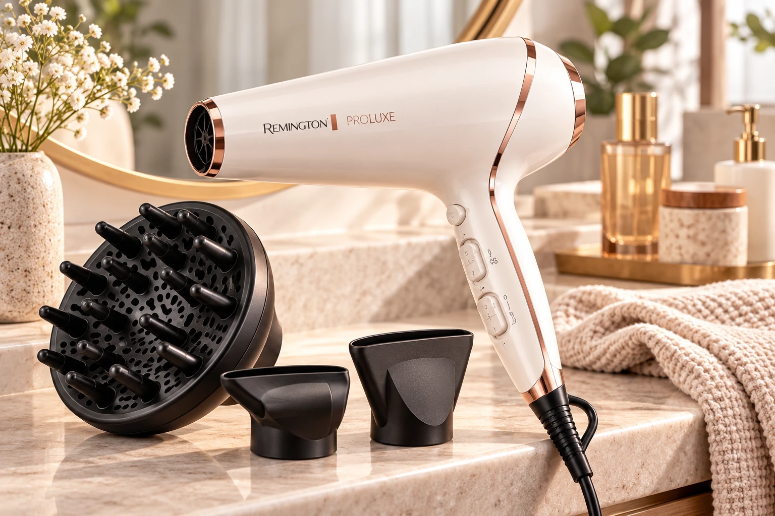 Der Remington PROluxe AC9140 bietet verschiedene Temperatur- und Gebläsestufen sowie Aufsätze für unterschiedliche Stylingwünsche. (KI-generierte Produktillustration)