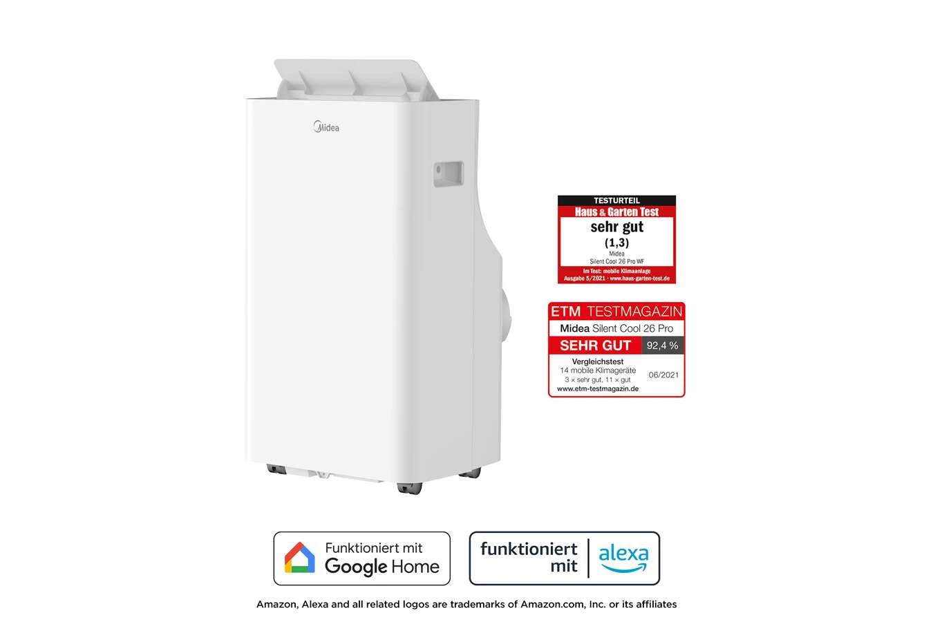 Die Midea Silent Cool 26 Pro WF zählt zu den leiseren mobilen Klimaanlagen und bietet WLAN-Steuerung sowie mehrere Betriebsmodi. (© Midea)