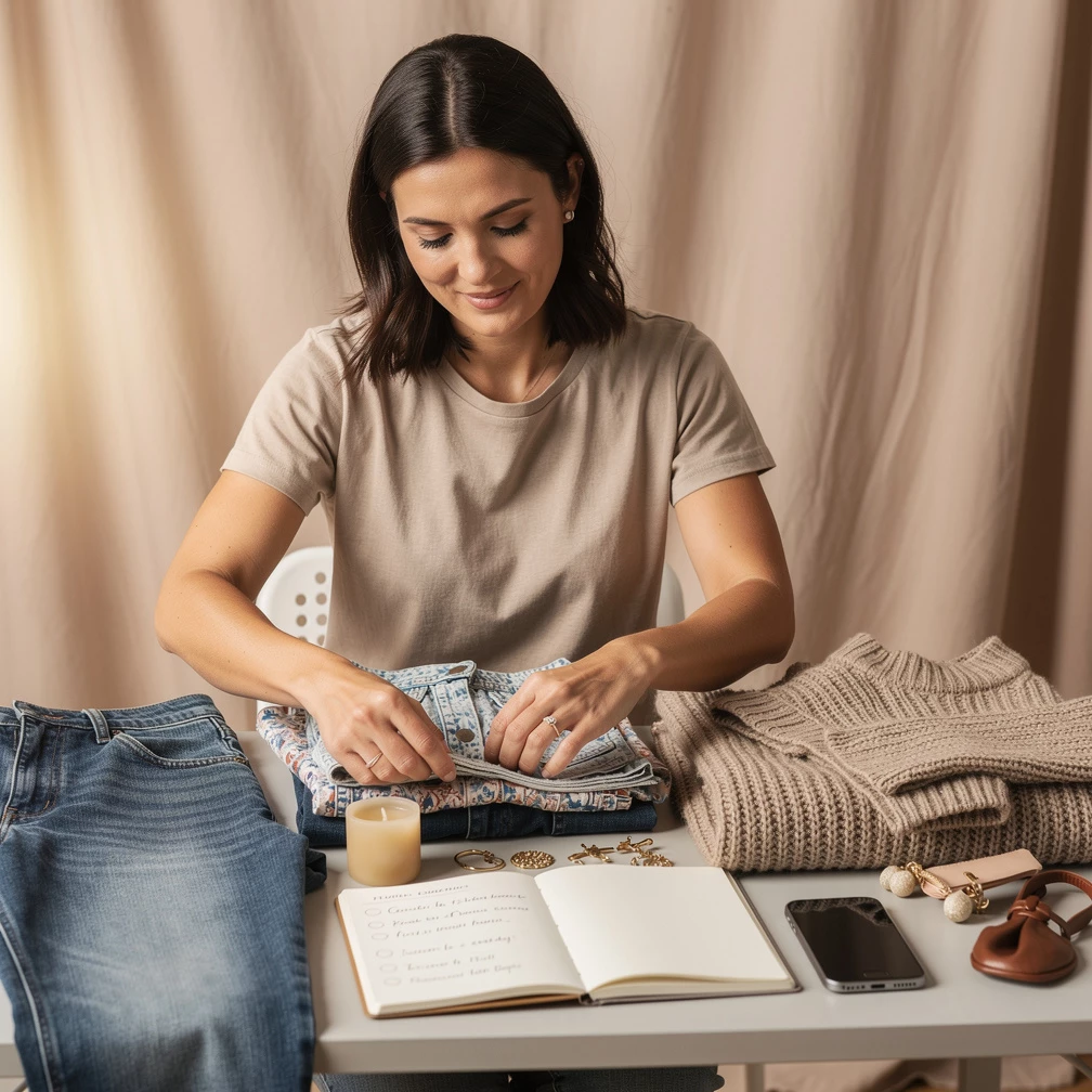 Moderne Frau arrangiert Second-Hand-Kleidung und DIY-Produkte an Fotohintergrund, Notebook und