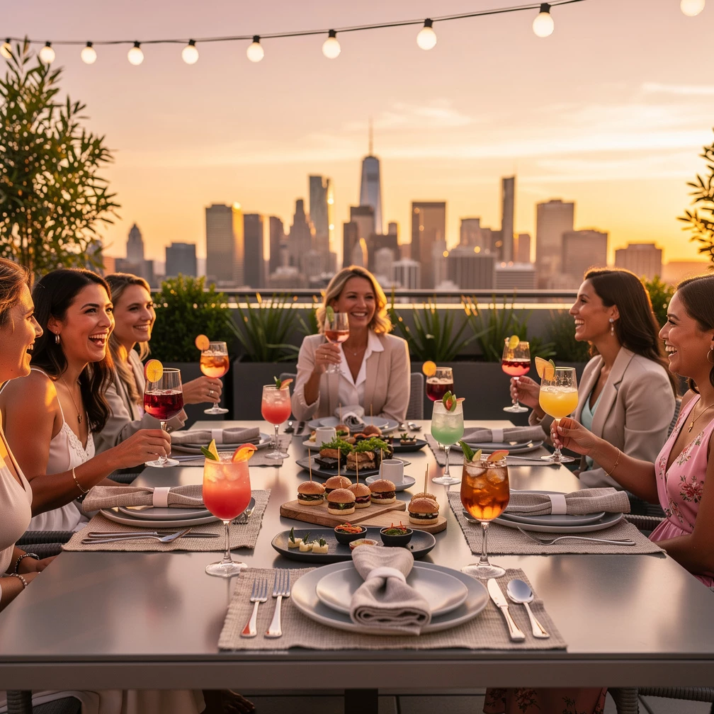 Stilvoller Abend mit Blick über die Stadt – ein eleganter JGA-Moment besonderer zwischen Dinner, Drinks und Gesprächen. (KI-generiert)