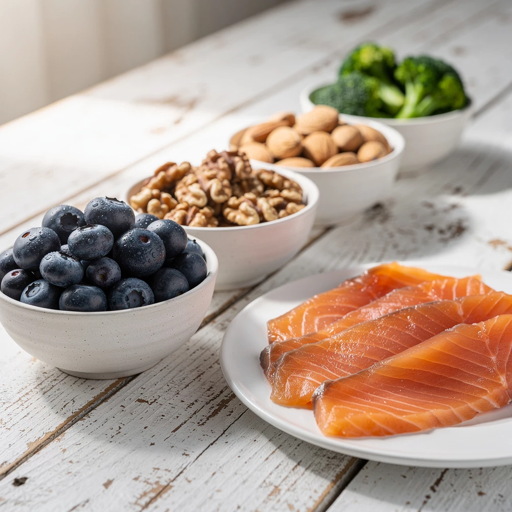 Kleine Auswahl, große Wirkung: Bestimmte Lebensmittel können helfen, dein Gehirn im Alltag optimal zu unterstützen. (KI-generiert)