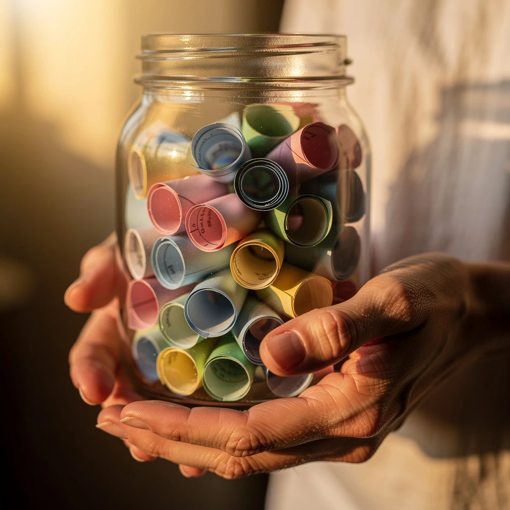 Schon kleine Aufmerksamkeiten wie ein solches Erinnerungs-Glas können Müttern das Gefühl geben, wirklich gesehen zu werden. (KI-generiert)