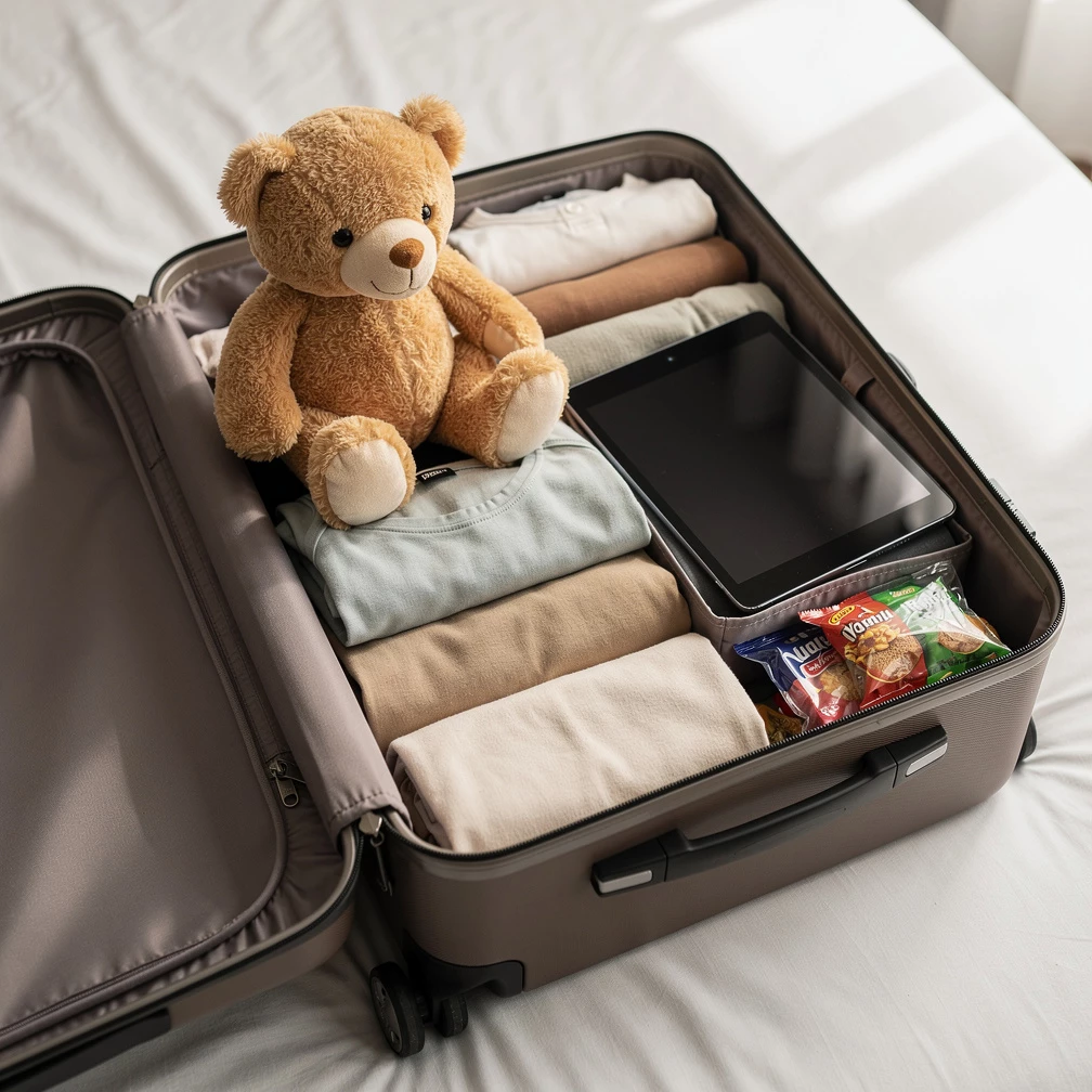 Ein gut organisiertes Handgepäck mit Snacks, Spielzeug und Wechselkleidung erleichtert lange Flugreisen mit Kindern. (KI-generiert)