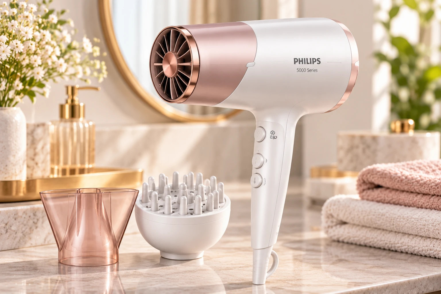 Der Philips 5000 Series BHD500/20 setzt auf eine automatische Temperaturregulierung, die übermäßige Hitze beim Föhnen begrenzen soll. (KI-generierte Produktillustration)