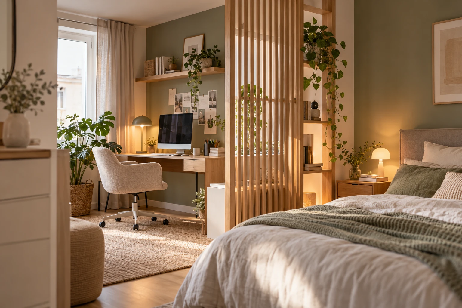 Skandinavisches Schlafzimmer mit gemütlichem Homeoffice.webp