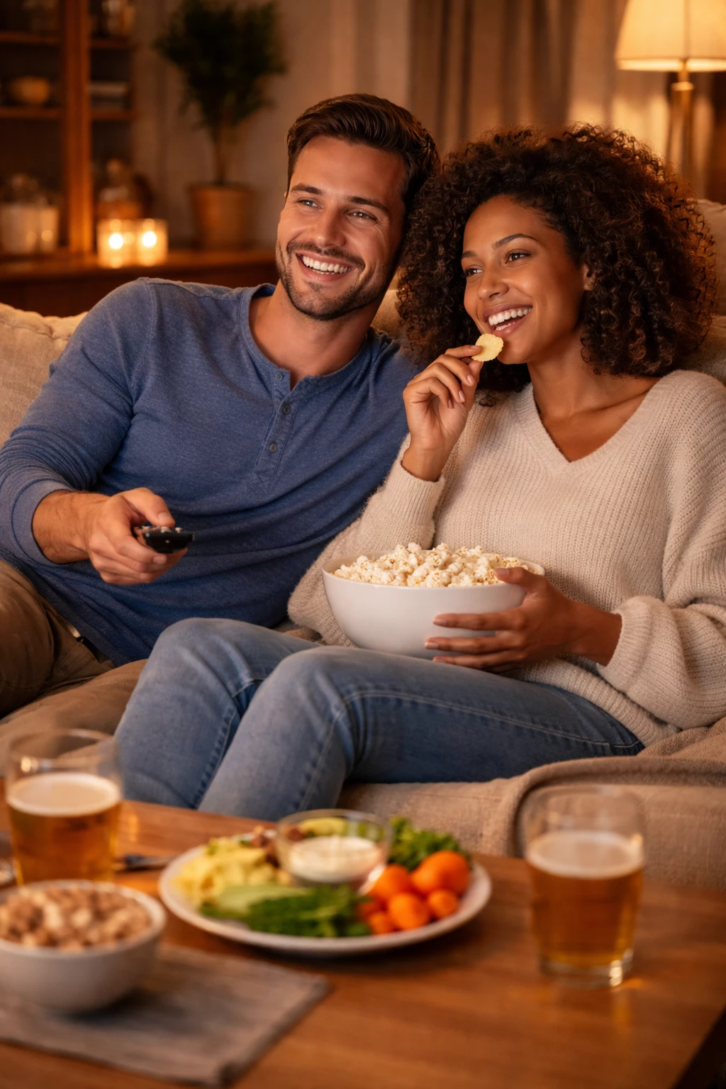 Gemütlicher Filmabend: Viele Menschen greifen abends noch zu Snacks vor dem Fernseher – der Zeitpunkt der letzten Mahlzeit kann jedoch Einfluss auf Schlaf und Stoffwechsel haben. (KI-generiert)