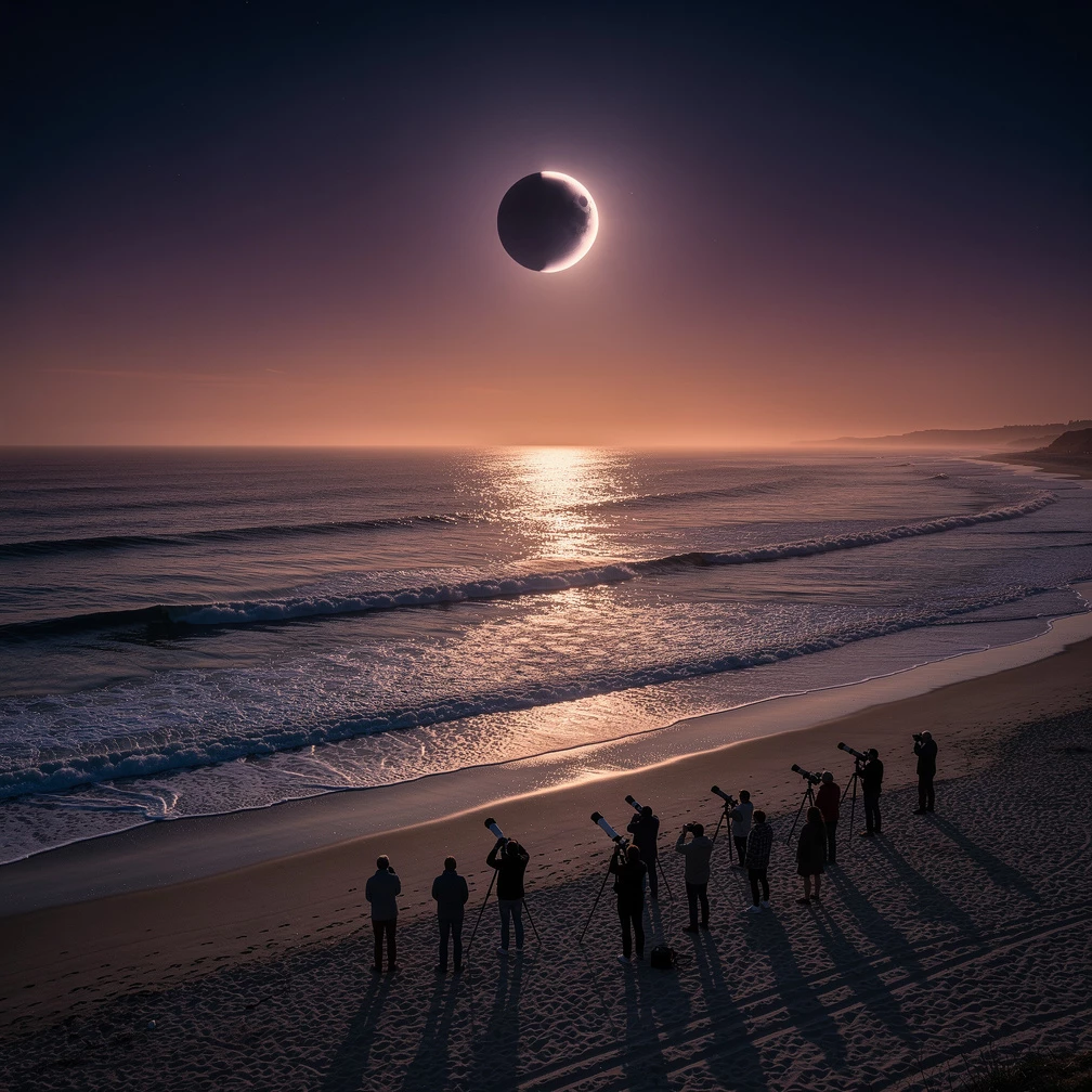 Viele Hobby-Astronomen reisen mit Kameras, Stativen und Teleobjektiven an, um die totale Sonnenfinsternis festzuhalten. Beliebte Beobachtungsplätze füllen sich häufig schon Stunden vor Beginn. (KI-generiert)